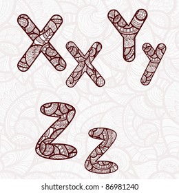 vector x,y,z  letters with abstract ethnic floral pattern on seamless background