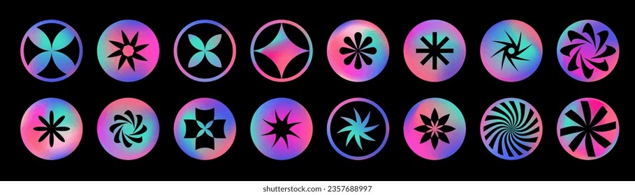 Vector y2k 2000s hologram stickers. Round holographic blurry neon circles. Futuristic rave vibrant buttons, highlight covers with abstract symbols, stars, sparks, flowers. Trendy modern vivid colors