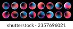 Vector y2k 3d spheres on dark background. Magic vibrant hologram labels, tags, stamps,  abstract ui ux shapes collection. Cosmic planet textures. Round iridescent shiny holographic neon orb icons set