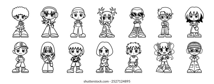Vetor Y2K Personagens Femininos E Masculinos Street Fashion Isolado