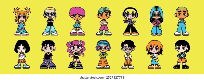 Vetor Y2K Personagens Femininos E Masculinos Street Fashion Isolado