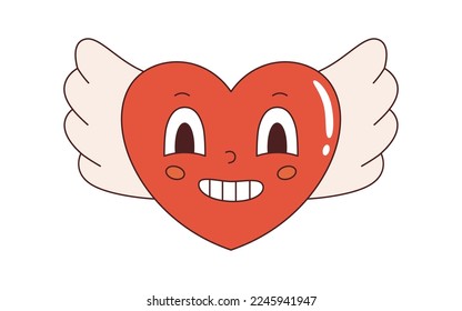 Vector y2k personaje con forma de corazón feliz con alas de estilo retro. Feliz Día de San Valentín. Amor y romántico. Gracioso corazón volador vintage en diseño plano.