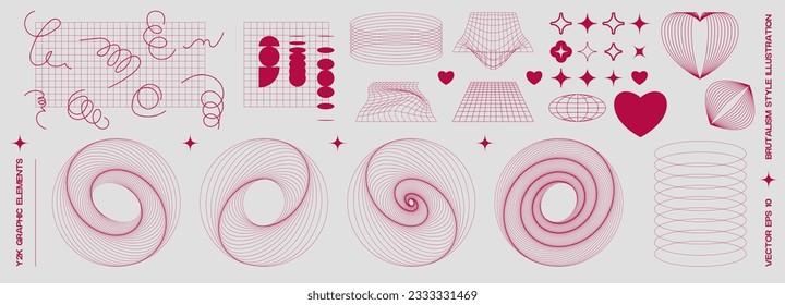 Vector y2k rave futuristic brutalism geometric elements kit. Retro wireframe shapes and grids. Swiss style icons, swirls, signs, sparks, stars. Bauhaus set of cool psychedelic shapes