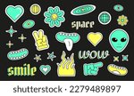 Vector Y2K stickers, group of labels with strange creatures, face parts, flowers, hearts, stars, galaxy, flame and hands with fingers.