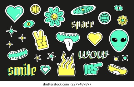 Vector Y2K stickers, group of labels with strange creatures, face parts, flowers, hearts, stars, galaxy, flame and hands with fingers.