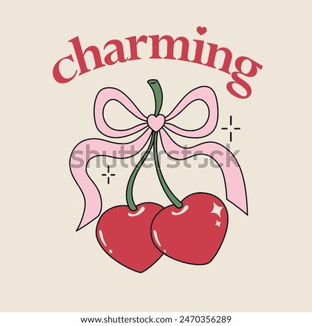 Vector Y2K style illustration with cherries and bow. Cherries hearts with charming title can be use as clothes print, poster, illustration, label, element design, textile, packaging design, sticker.