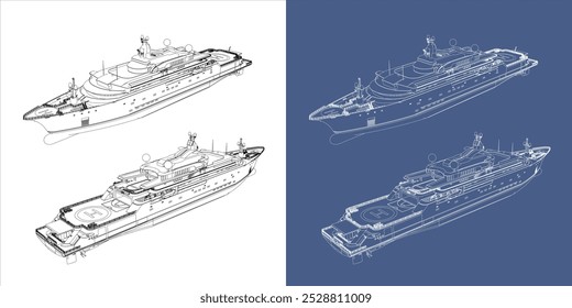 vector yacht blueprints. superyacht technical drawing in isolated background