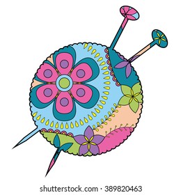 Vector yarn ball with needles colorful