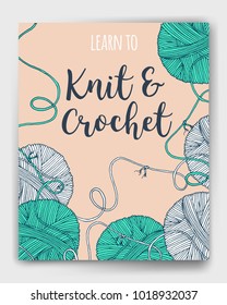 Vector yarn balls  book cover, mock up for knit and crochet classes poster or advertisement. Hand drawn illustration for brochure, poster or cover design. Made using clipping mask