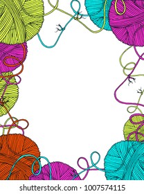 Vector yarn balls decorative frame with long thread and knot, blank empty in the middle for your text. Hand drawn illustration for knitting and crochet classes projects, brochure, poster or cover