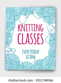 Vector yarn balls  with long thread and knot mock up for knit and crochet classes poster or advertisement. Hand drawn illustration for brochure, poster or cover design. Made using clipping mask