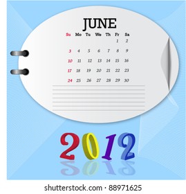 Vector of year 2012 calendar with oval shape paper on light blue background.