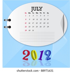Vector of year 2012 calendar with oval shape paper on light blue background.