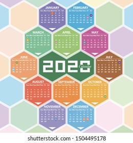 Vector year of 2020 calendar with hexagon background