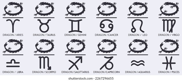 Vector Year of the dragon Animal icons eastern annual horoscope and zodiac signs in one symbol 2024 2036 2048 2060 years