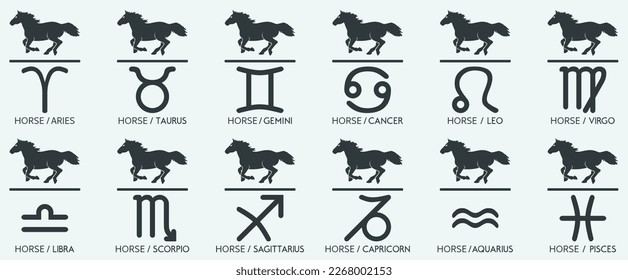 Vector Year of the horse Animal icons eastern annual horoscope and zodiac signs in one symbol 2026 2038 2050 2062 years