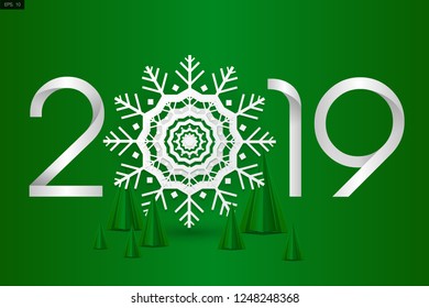 Vector for “New Year Celebrated” in paper cut style with text “2019” with a Snowflake replaced the "0"