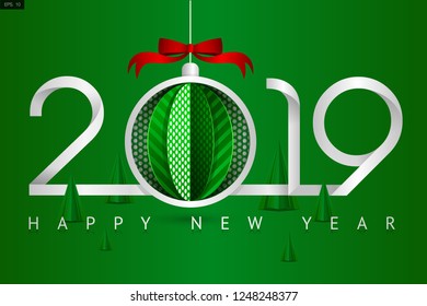 Vector for “New Year Celebrated” in paper cut style with text “2019” with a Snow Globe replaced the "0"