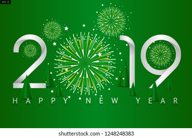 Vector for “New Year Celebrated” in paper cut style with text “2019” with a Firework replaced the "0"