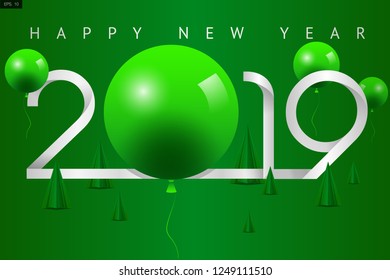 Vector for “New Year Celebrated” in paper cut style with text “2019” with a Green Balloon replaced the "0"