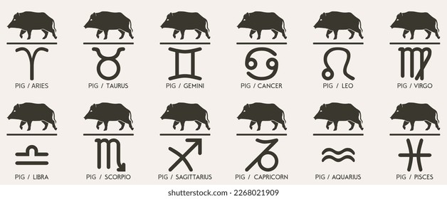 Vector Year of the pig boar swine hog Animal icons eastern annual horoscope and zodiac signs in one symbol 2031 2043 2055 2067 years