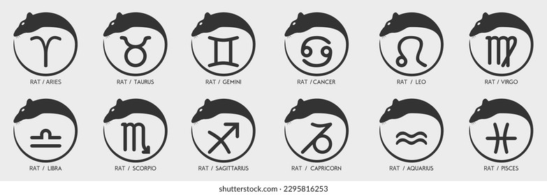 Vector year of the rat mouse Animal icons eastern annual horoscope and zodiac signs in one symbol A zodiac sign is drawn inside the round circle ring symbol of the 2020 2032 2044 2056 years svg