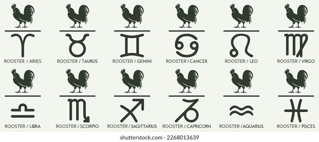 Vector Year of the rooster chicken Animal icons eastern annual horoscope and zodiac signs in one symbol 2029 2041 2053 2065 years