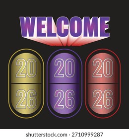 Vector year's featuring welcome 2026 with golden yellow gradient and abstract wave keywords: welcome, 2026, new year, celebration, greeting, text, typography, graphic, design, holiday, festive,...