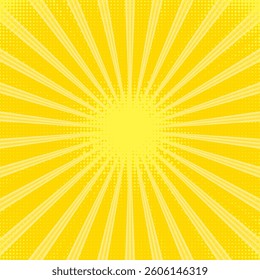 Vector yellow abstract ray background. Light of sunburst. Yellow starburst with halftone. Sun gold sky ray texture. Flash star burst.