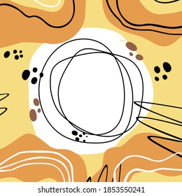 Vector yellow abstract square poster with place under the text. Liquid ink, shapes and lines. Modern style trends. Background for banner, card, poster, identity, web design and social network.