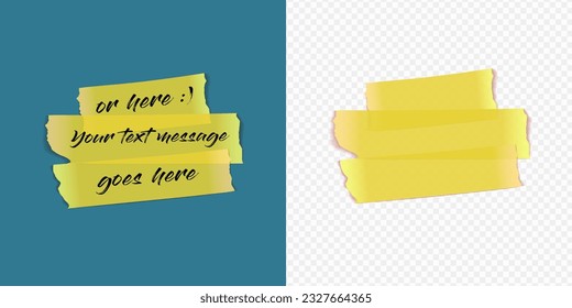 Vector yellow adhesive tape paper stirpes on transparent background. Square banner with space text ready for your message.