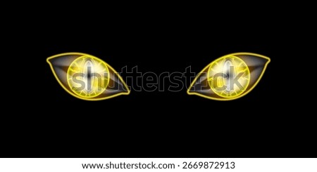 Vector yellow animal cat eyes isolated on dark black night background. Danger Monster open eyes with neon yellow eyeball. Halloween cat eyes design template banner and poster