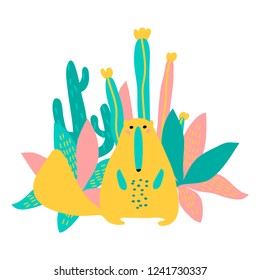 vector yellow  ant-eater animal and cactus plant of South America childish pattern on white for stickers paper cloth