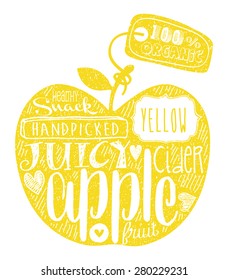Vector Yellow Apple Fruit. Vintage Retro Grunge Fruit Label, Sticker, Badge or Icon with Calligraphy and Hand drawn Lettering for Fresh and Healthy Fruits.