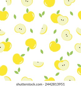 Vector yellow apples seamless pattern. Whole apples and slices with leaves on white background. Repeatable backgrounds for paper cover fabric gift wrap wall art interior decorations or for any else.