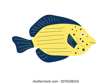 Peces tropicales de acuario amarillo vectorial al estilo de dibujos animados planos aislados en fondo blanco. El bonito y colorido pescado del mar. Ilustración de niños