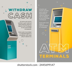 Vector of a yellow ATM machine for service advertisement, isolated on a grey background.