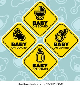 Vector yellow baby on board signs isolated on seamless pattern background