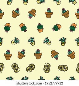 Vector yellow background cactus plant in pot, succulents seamless pattern. Seamless pattern background
