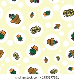 Vector yellow background cactus plant in pot, succulents seamless pattern. Seamless pattern background