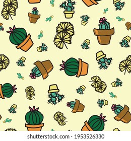 Vector yellow background cactus plant in pot, succulents seamless pattern. Seamless pattern background