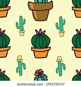 La planta de cactus de fondo de color amarillo vectorial en la olla, suculenta un patrón ininterrumpido. Fondo de patrón sin problemas
