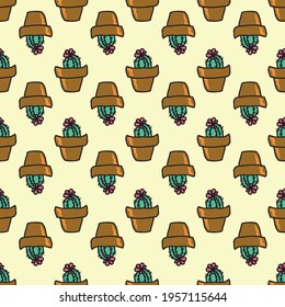 Vector yellow background cactus plant in pot, succulents seamless pattern. Seamless pattern background