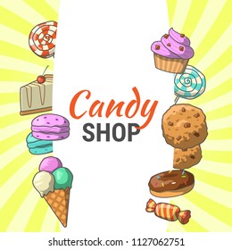 Vector yellow background with cartoonish illustrations of sweets.