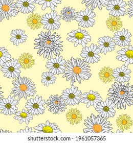 Vector yellow background daisy flowers and wild flowers. Seamless pattern background