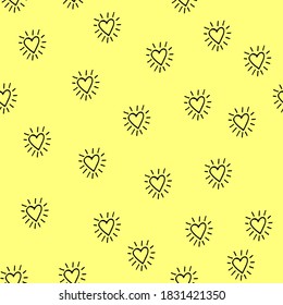 Vector yellow background with hearts that have rays. Background for festive wrapping paper