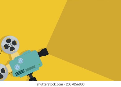 Vector yellow background with lighting of an old-fashioned movie camera on a tripod. Can be used to write text