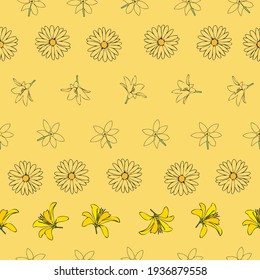 Vector yellow background white yellow lemony floral seamless pattern. Daisies, Lilies, Crocus. Seamless pattern background