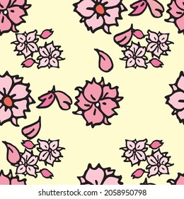 Vector yellow background white pink cherry tree flowers and cherry blossom sakura flowers. Seamless pattern background