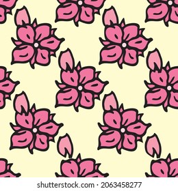 Vector yellow background white pink cherry tree flowers and cherry blossom sakura flowers. Seamless pattern background